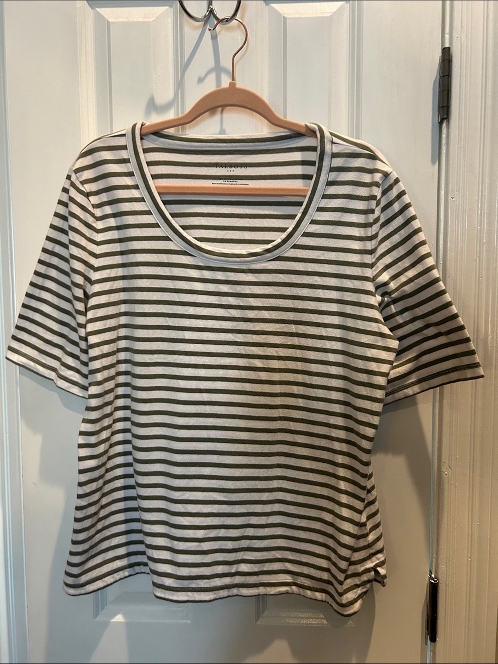 TALBOTS Striped Scoop-Neck Short Sleeve Tee in Olive and White